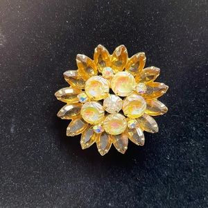 Vintage amber, rhinestone, white stone brooch
